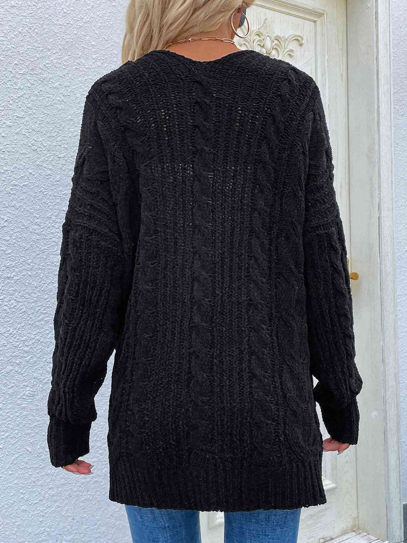 Woven Right Cable-Knit Open Front Cardigan with Front Pockets