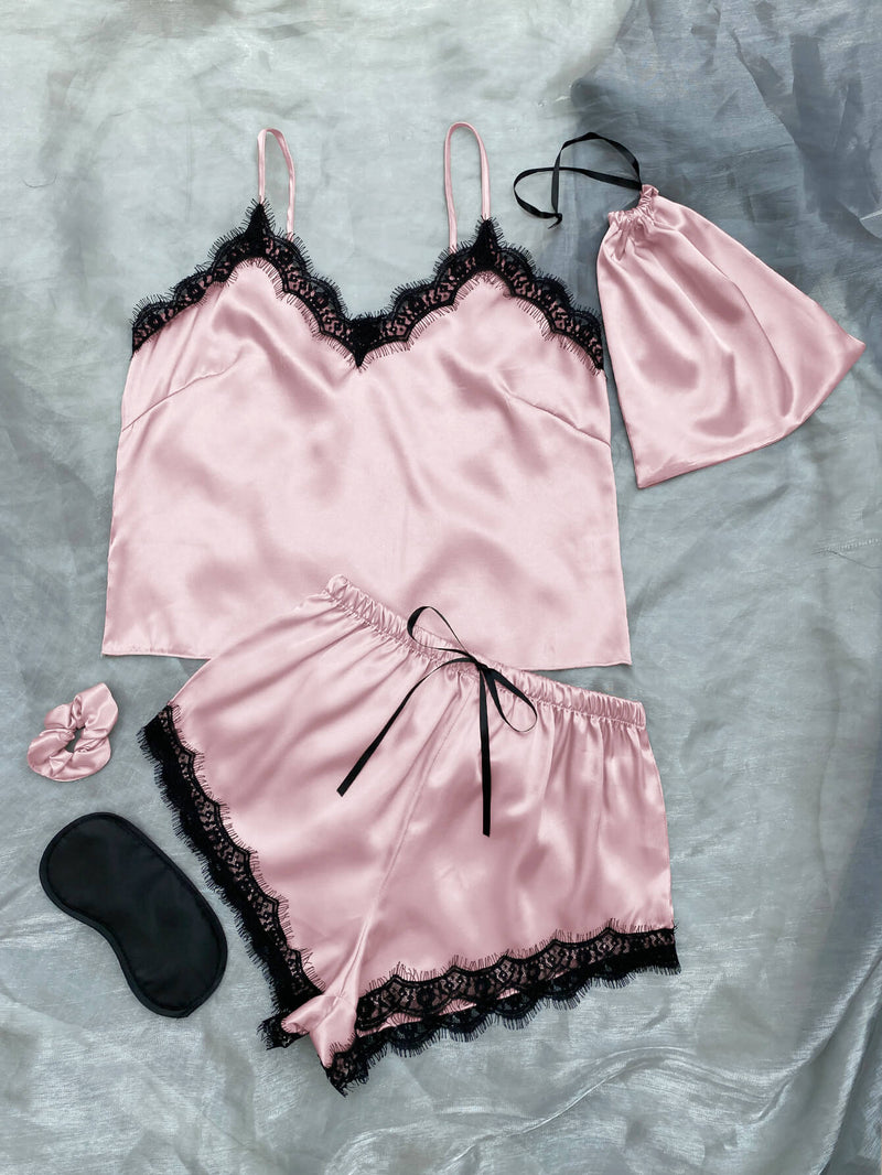 Lace Trim Cami, Shorts, Eye Mask, Scrunchie, and Bag Pajama Set - DeliveringBody