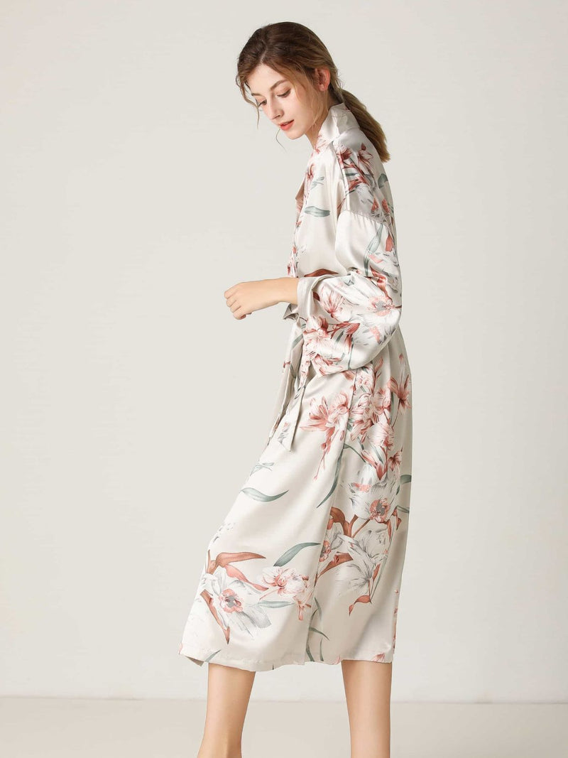 Floral Tie Waist Long Sleeve Robe - DeliveringBody