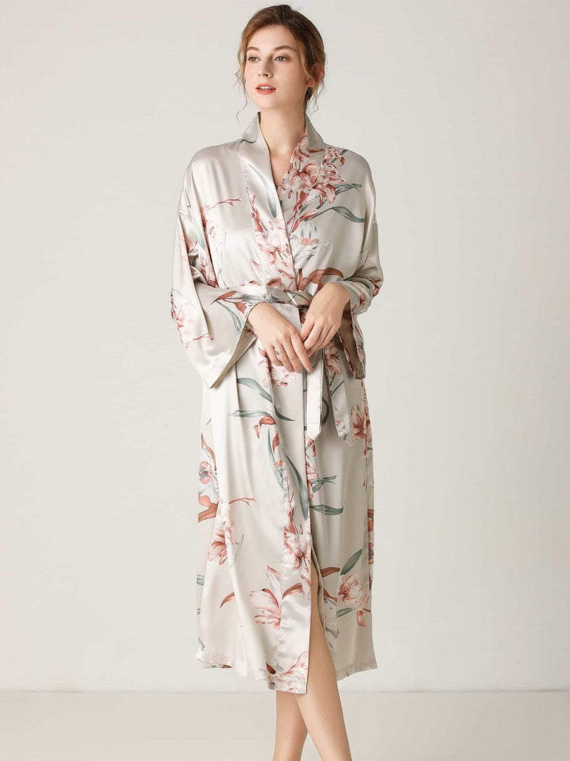 Floral Tie Waist Long Sleeve Robe - DeliveringBody