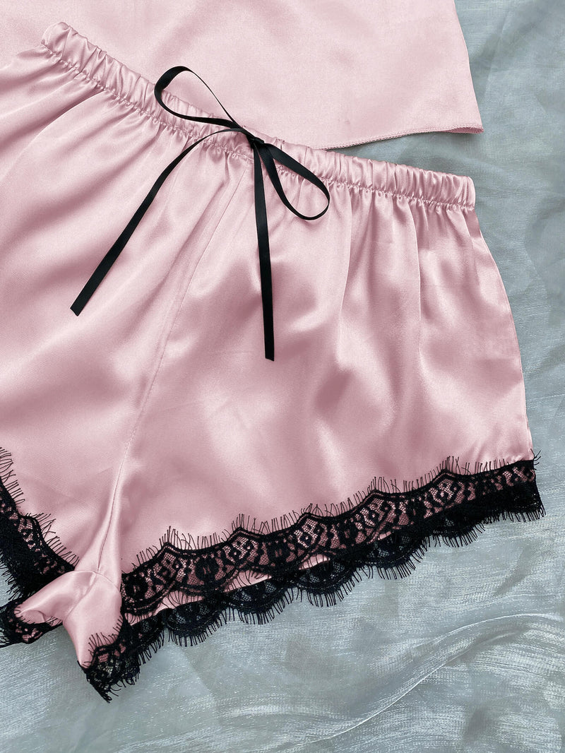 Lace Trim Cami, Shorts, Eye Mask, Scrunchie, and Bag Pajama Set - DeliveringBody