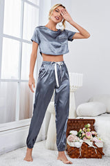 Satin Short Sleeve Crop Top and Joggers Lounge Set - DeliveringBody