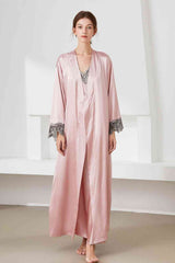 Contrast Lace Trim Satin Night Dress and Robe Set