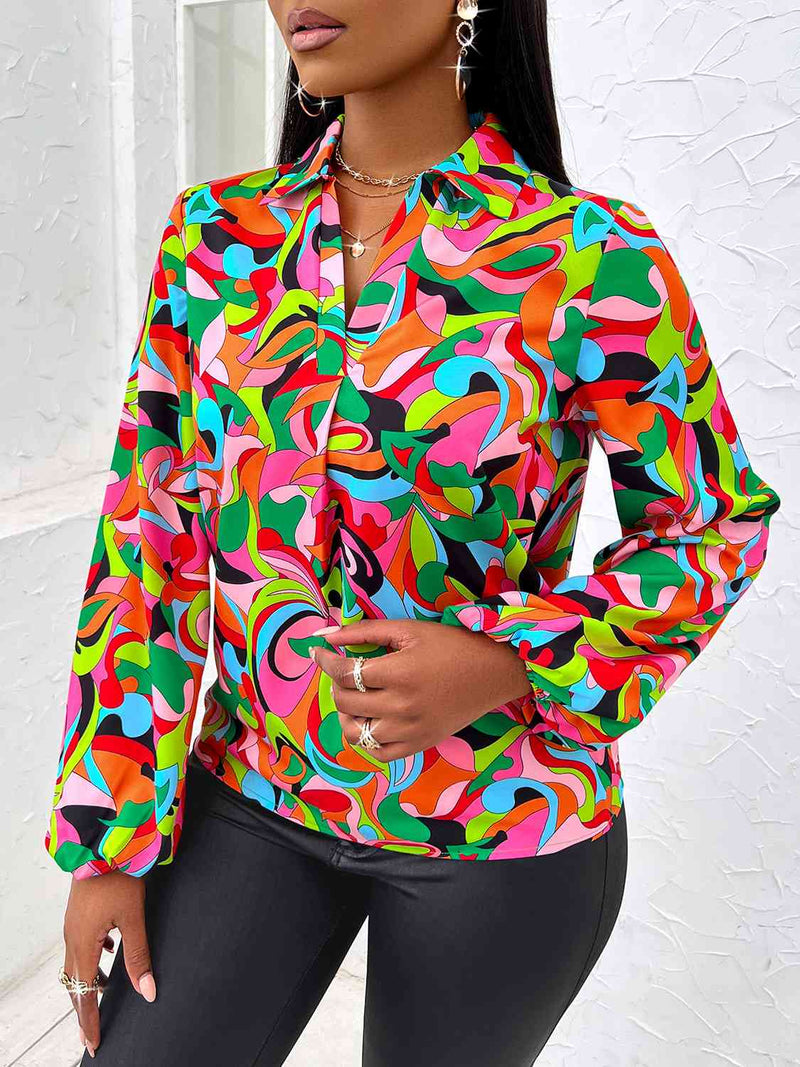 Printed V-Neck Long Sleeve Shirt