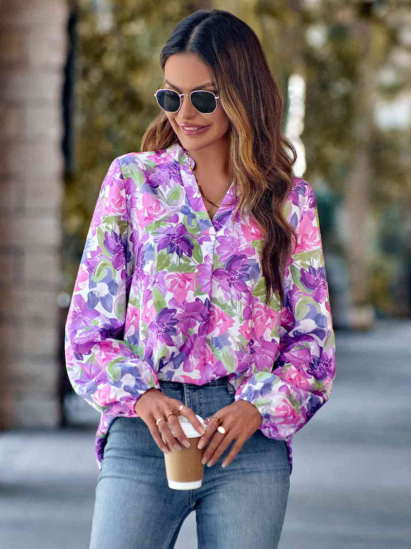 Notched Neck Printed Long Sleeve Shirt