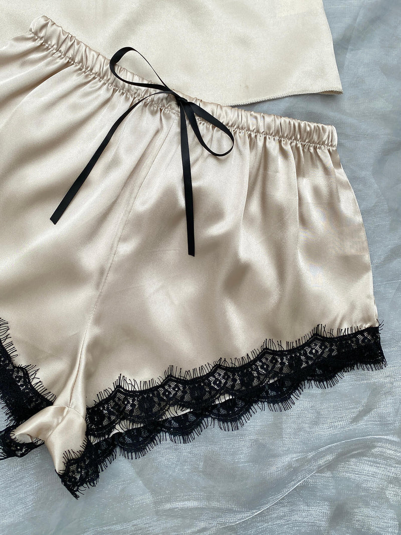 Lace Trim Cami, Shorts, Eye Mask, Scrunchie, and Bag Pajama Set - DeliveringBody