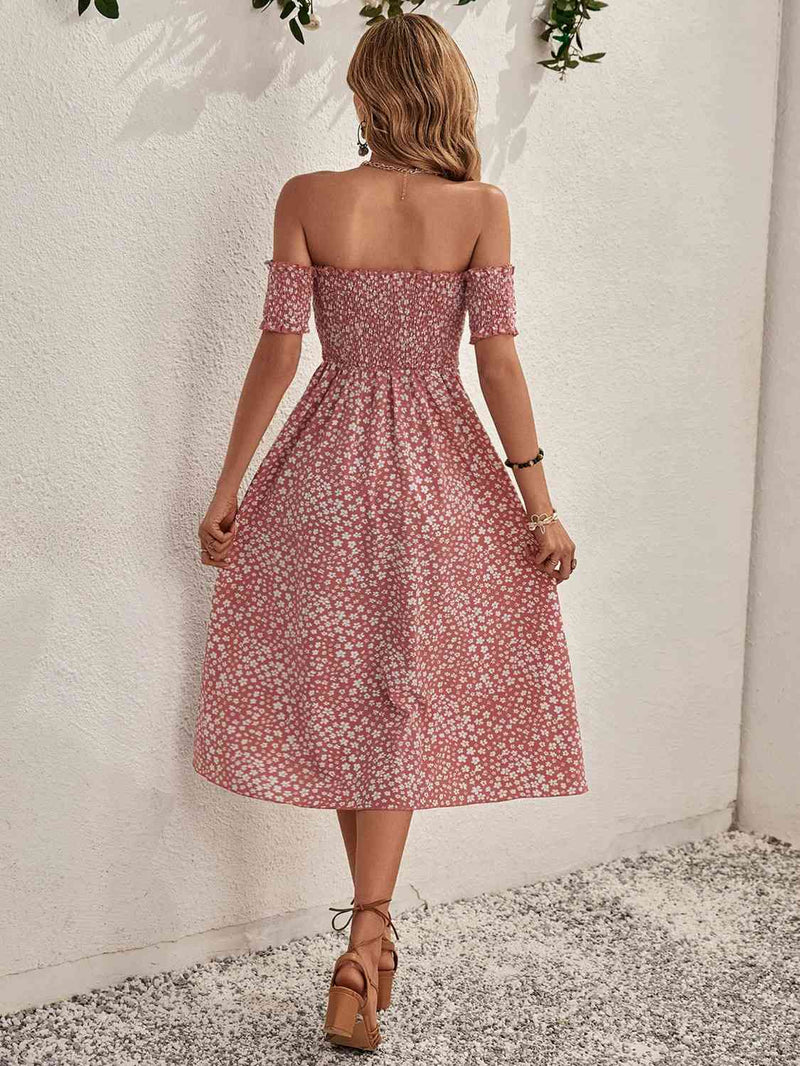 Straight Neckline Elastic Floral Dress