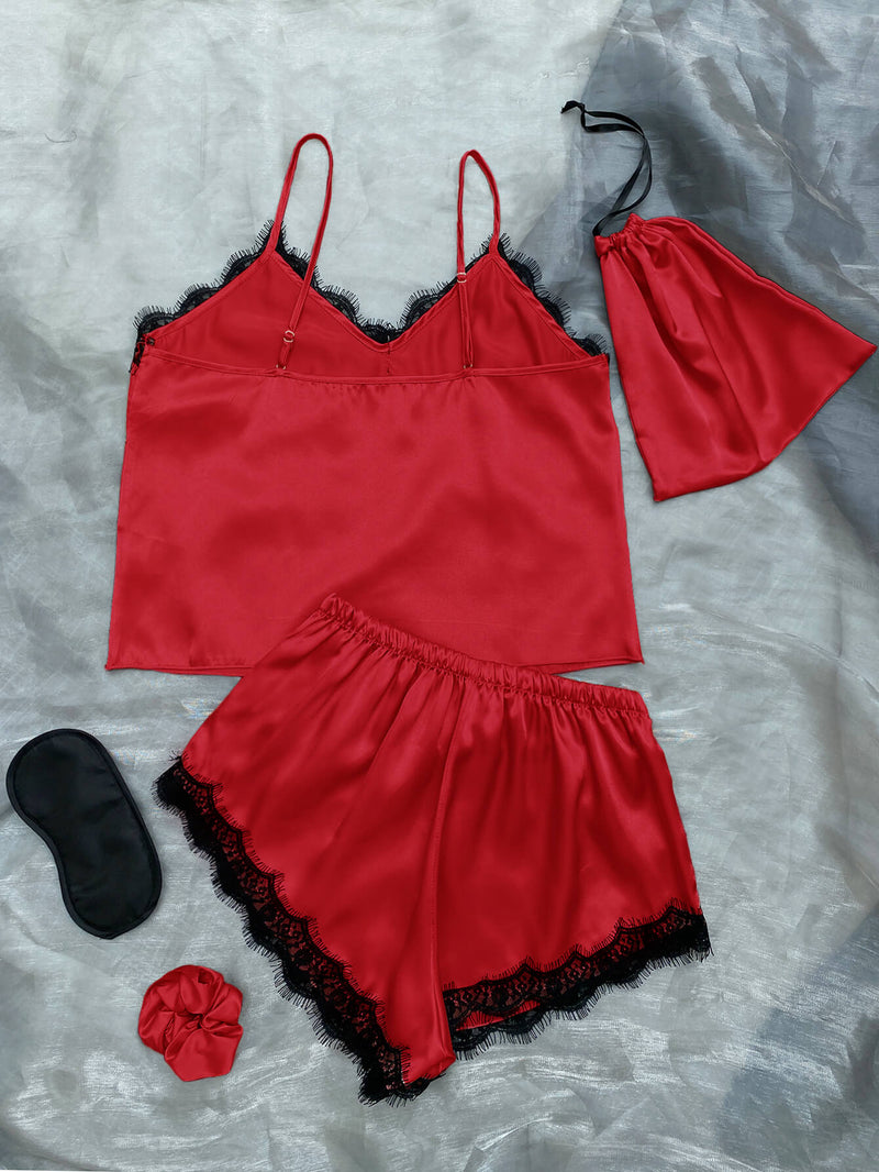 Lace Trim Cami, Shorts, Eye Mask, Scrunchie, and Bag Pajama Set - DeliveringBody