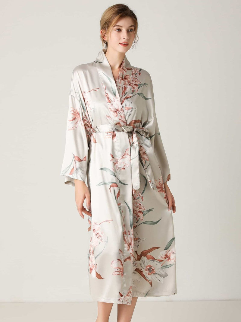 Floral Tie Waist Long Sleeve Robe - DeliveringBody