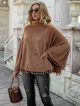 Turtleneck Tassel Hem Poncho