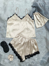 Lace Trim Cami, Shorts, Eye Mask, Scrunchie, and Bag Pajama Set - DeliveringBody