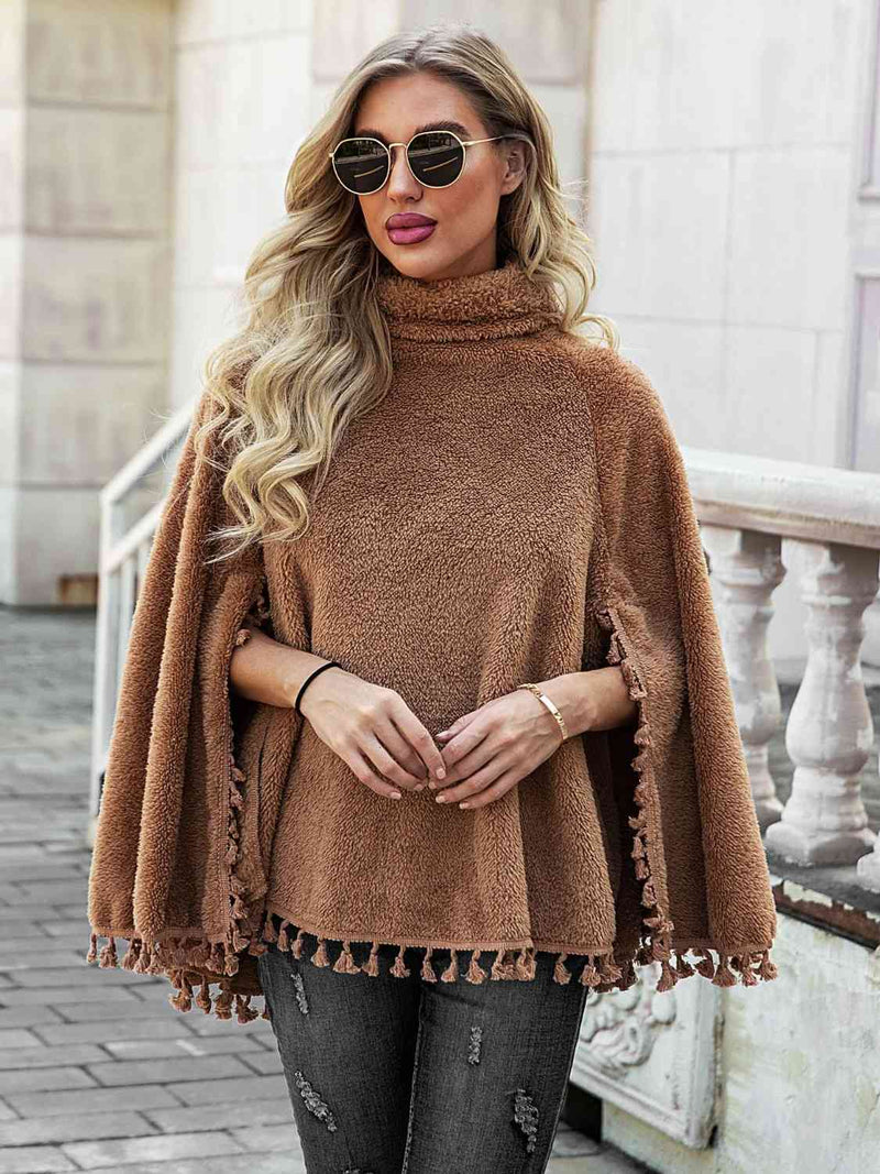 Turtleneck Tassel Hem Poncho