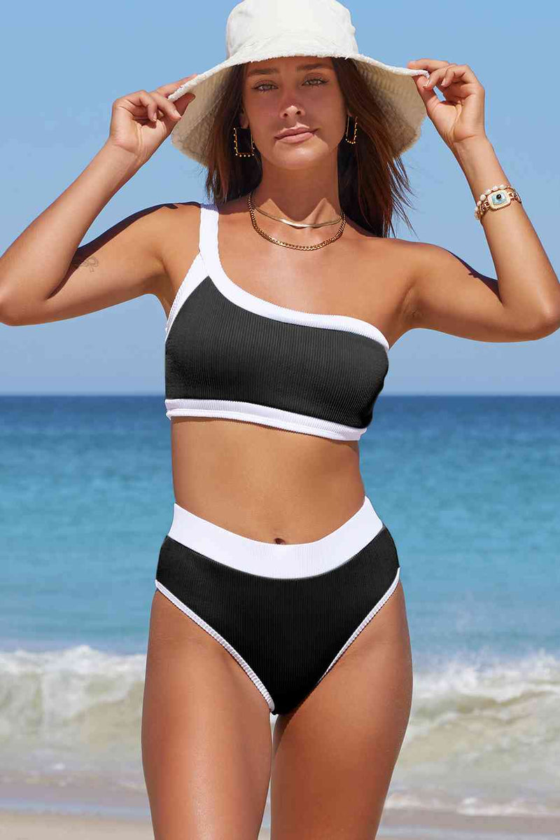 Trim Ribbed One-Shoulder Bikini Set