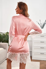 Tie-Waist Spliced Lace Satin Robe - DeliveringBody