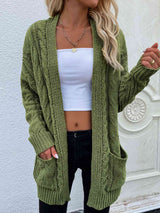 Woven Right Cable-Knit Open Front Cardigan with Front Pockets