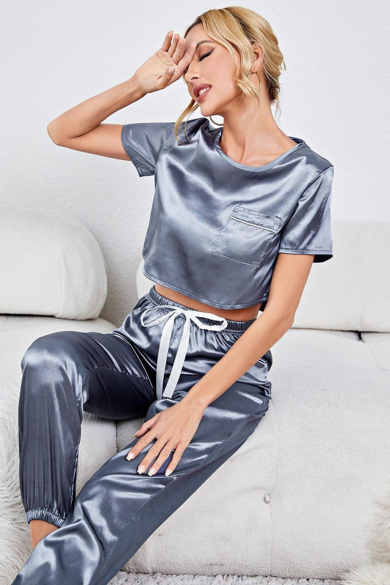 Satin Short Sleeve Crop Top and Joggers Lounge Set - DeliveringBody