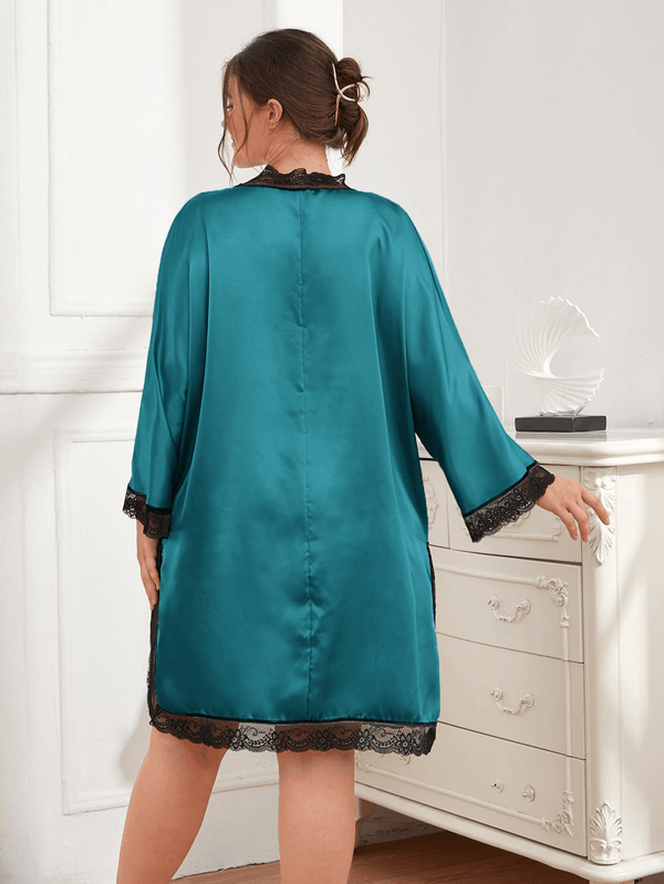 Plus Size Contrast Spliced Lace Deep V Slit Night Dress - DeliveringBody