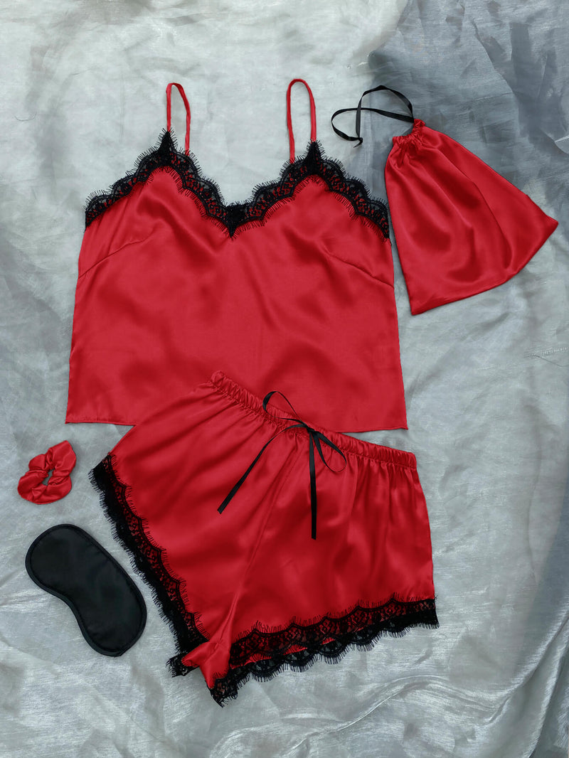 Lace Trim Cami, Shorts, Eye Mask, Scrunchie, and Bag Pajama Set - DeliveringBody