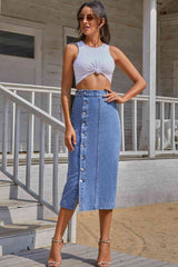 Split Buttoned Denim Skirt