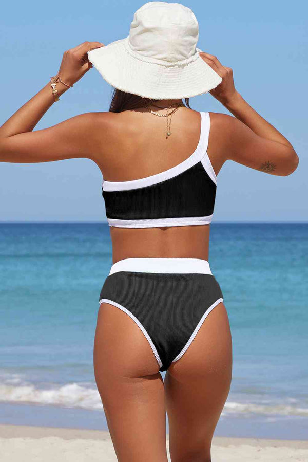 Trim Ribbed One-Shoulder Bikini Set