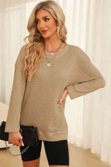 Waffle-Knit Round Neck Long Sleeve Sweatshirt