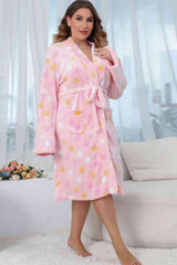 Plus Size Printed Tie Waist Robe with Pocket