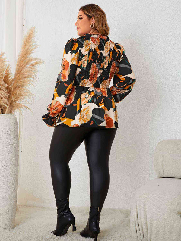 Plus Size Elastic Detail Long Sleeve Floral Babydoll Top