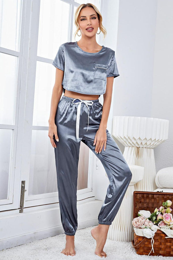 Satin Short Sleeve Crop Top and Joggers Lounge Set - DeliveringBody